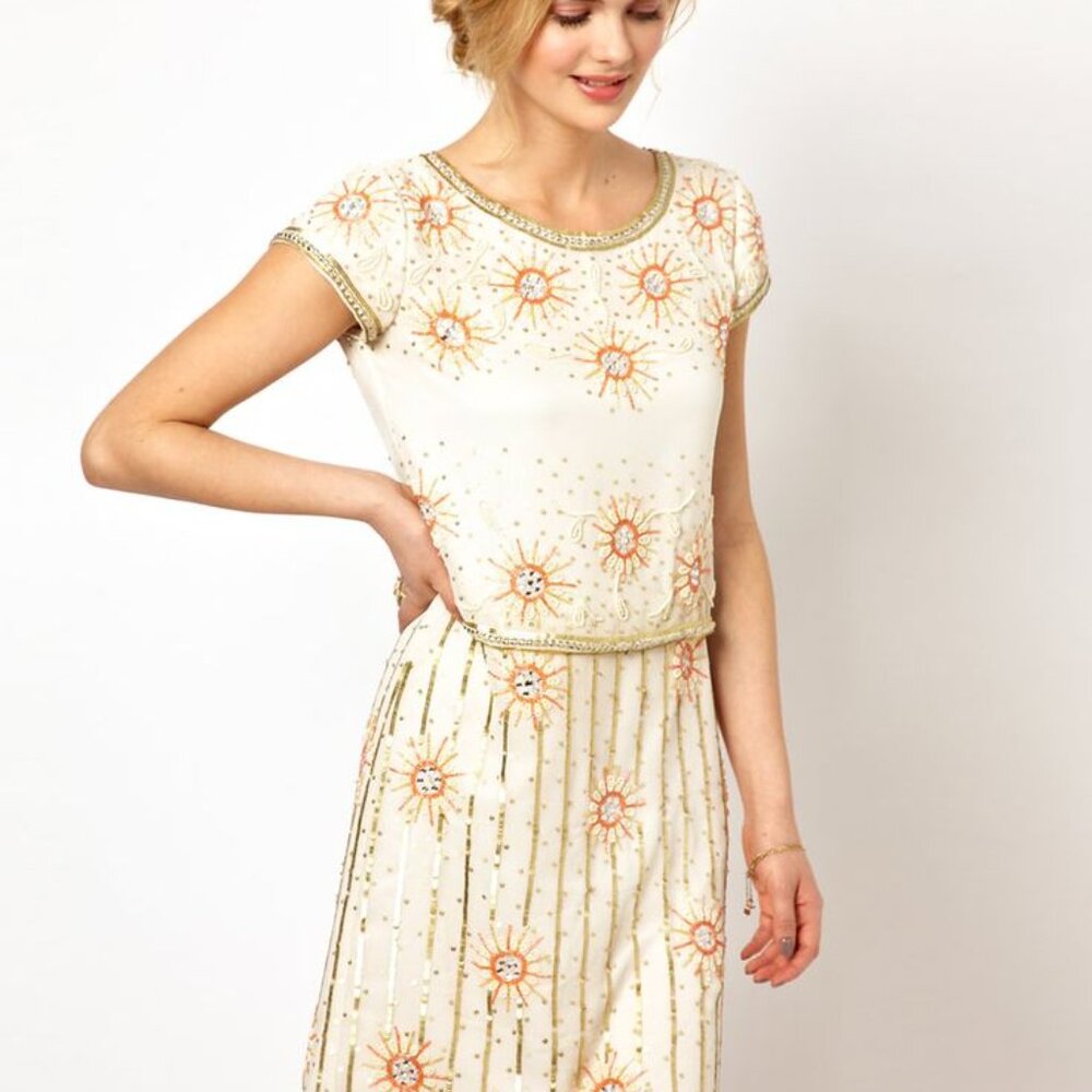 ASOS Frock and Frill Shift Dress All Over Embellishment in Cream - US Small/4